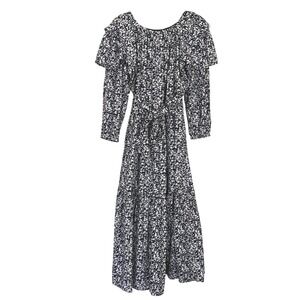 MIRTH Handmade Edition Maxi Dress Women's‎ Small Navy Light Gray Floral Tiered